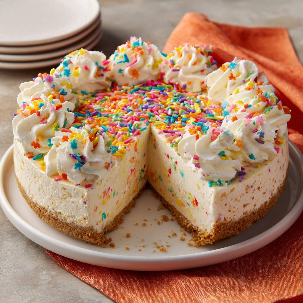 Käsekuchen mit bunten Streuseln, angeschnitten und mit Sahnetupfern und Streuseln garniert, zeigt die cremige Innenseite.