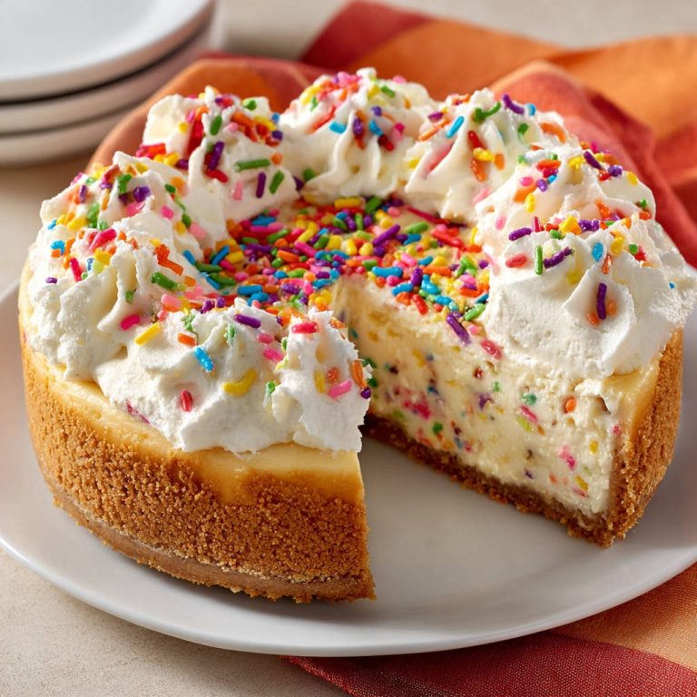 Käsekuchen mit bunten Streuseln angeschnitten, mit Sahnetupfern und bunten Zuckerstreuseln garniert, auf einem weißen Teller serviert.
