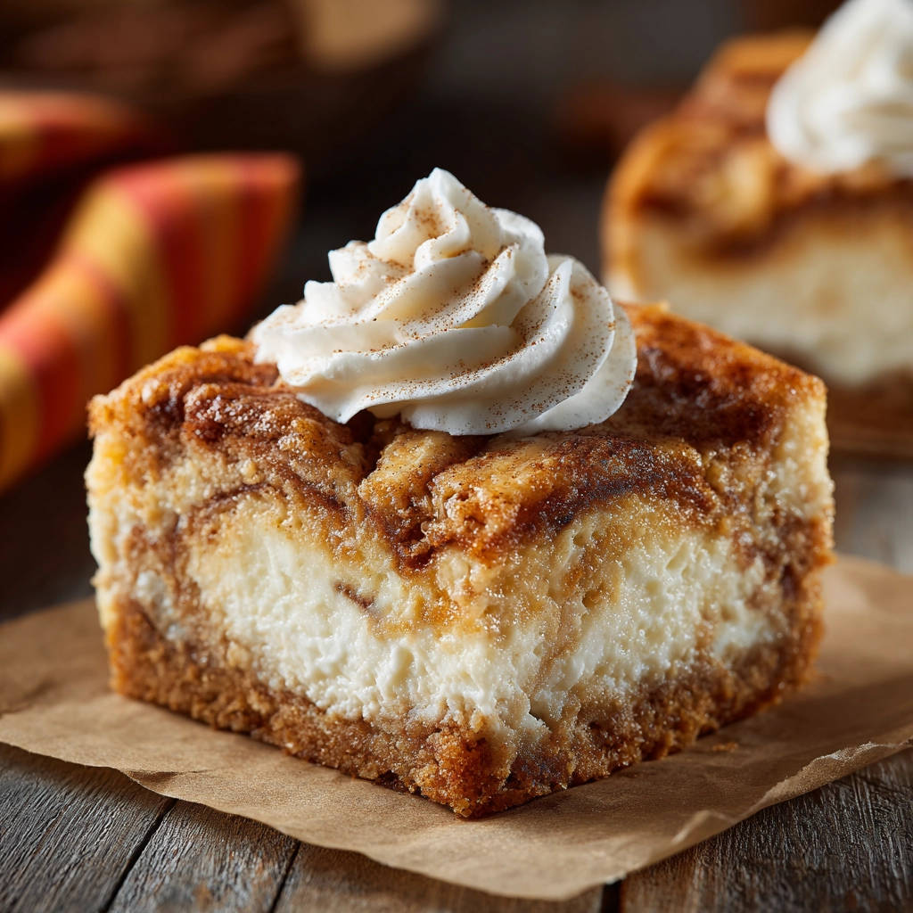 Käsekuchen mit Zimt-Swirl, eine Nahaufnahme eines einzelnen Stücks mit Sahnetupfer und Zimtpulver bestäubt.