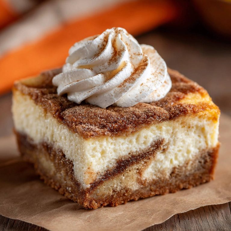 Käsekuchen mit Zimt-Swirl als Anschnitt mit einer Sahnehaube und Zimt bestreut, Nahaufnahme