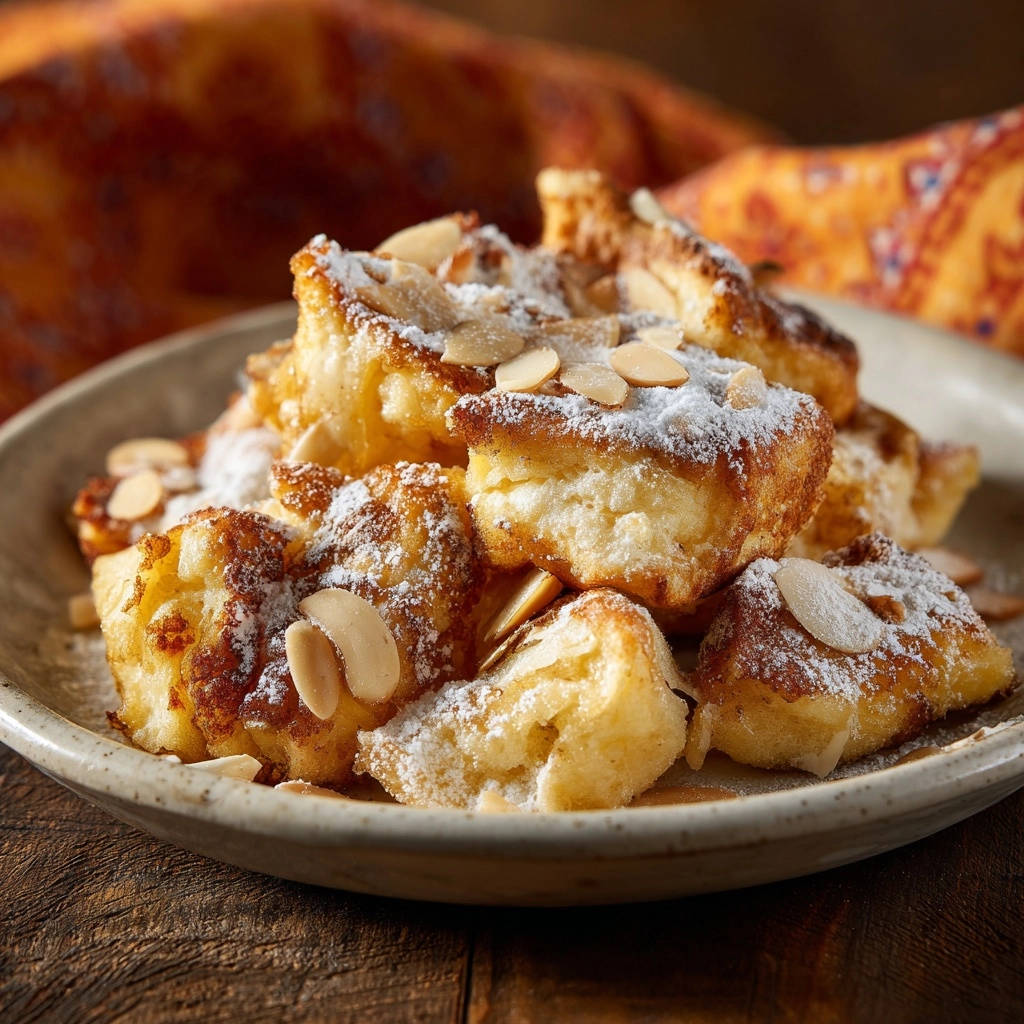 Kaiserschmarrn als luftiger Traum aus Österreich, bestäubt mit Puderzucker und garniert mit Mandelblättchen, Nahaufnahme.