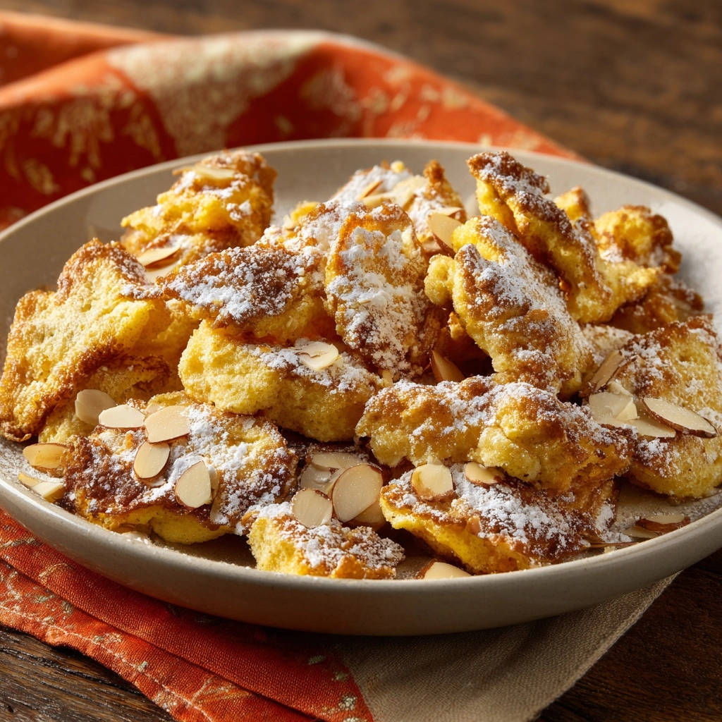 Kaiserschmarrn, der luftige österreichische Traum, garniert mit Puderzucker und dünnen Mandelblättchen auf einem Teller.
