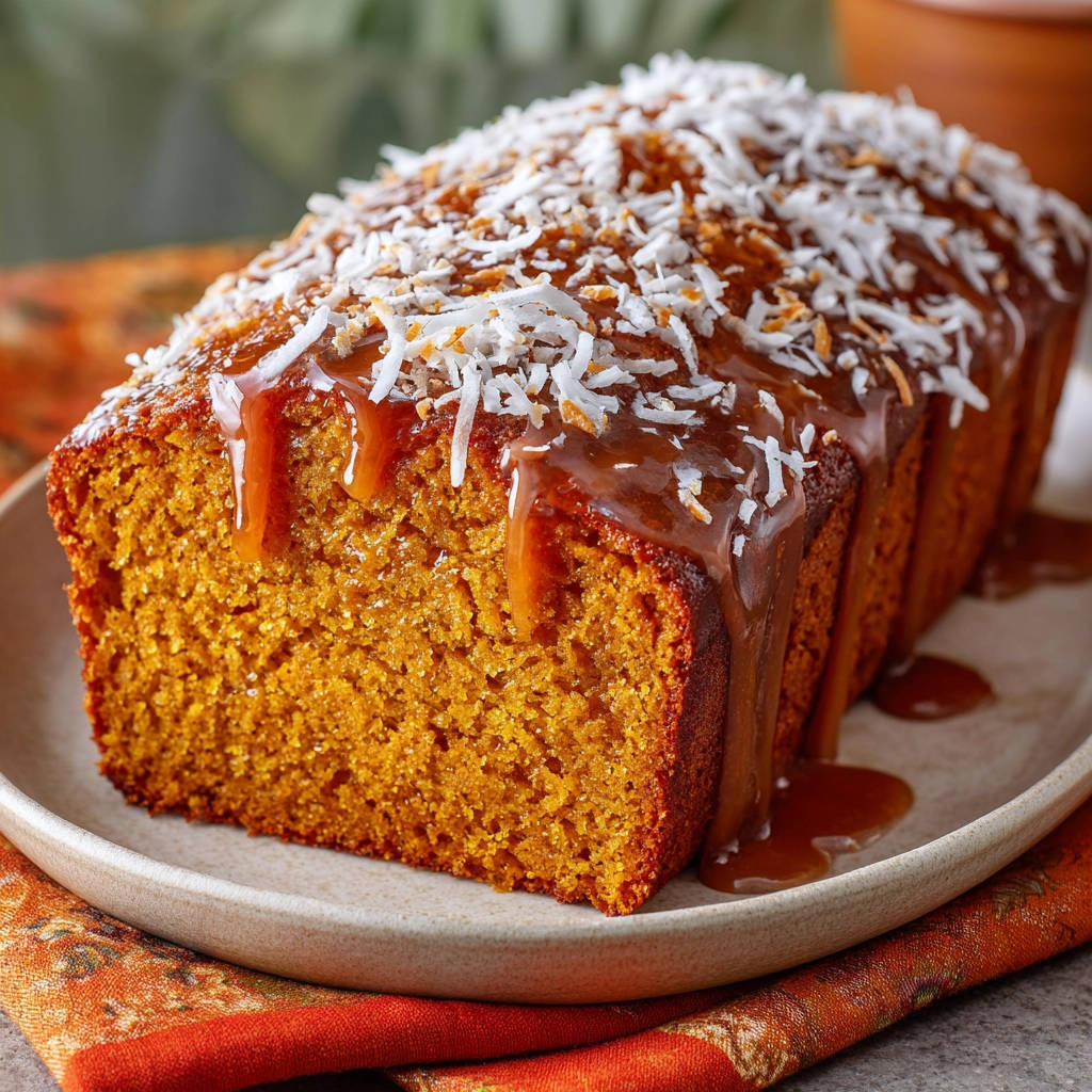 Saftiger Karotten-Orangen-Kuchen mit Kokos und Karamellglasiert, auf einem Teller mit Kokosraspeln garniert