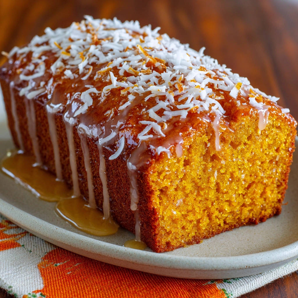 Saftiger Karotten-Orangen-Kuchen mit Kokos, garniert mit Kokosraspeln und Zuckerguss, auf einem Teller serviert.