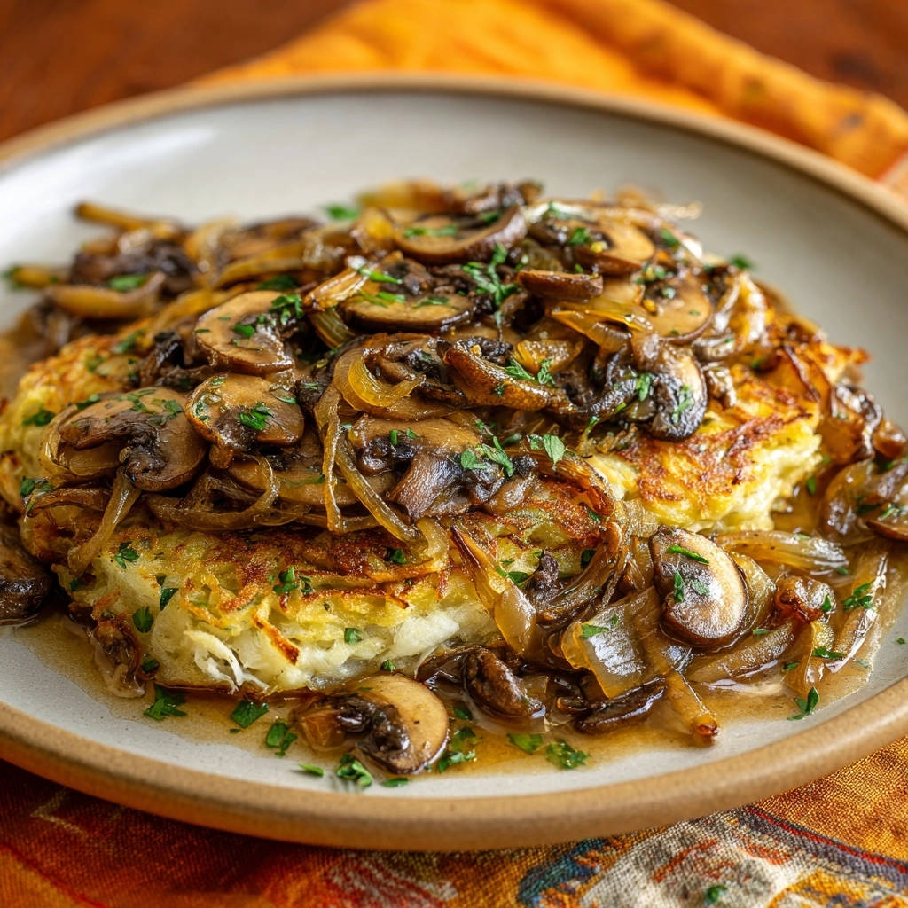 Kartoffelpuffer mit Pilzrahmsoße, knusprig serviert und mit frischer Petersilie garniert auf einem Teller.