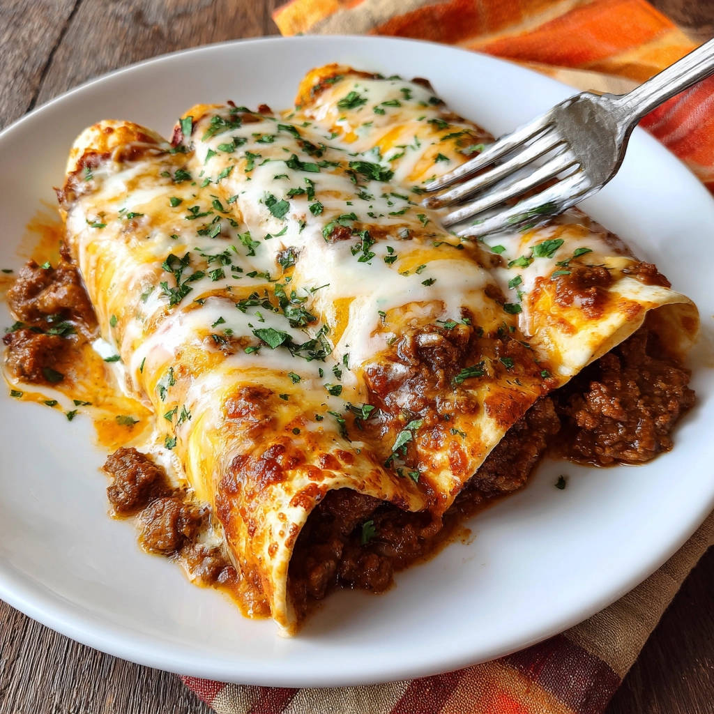 Klassische Rinder-Enchiladas, serviert auf einem Teller mit geschmolzenem Käse und einer Gabel, die in ein Enchilada greift.