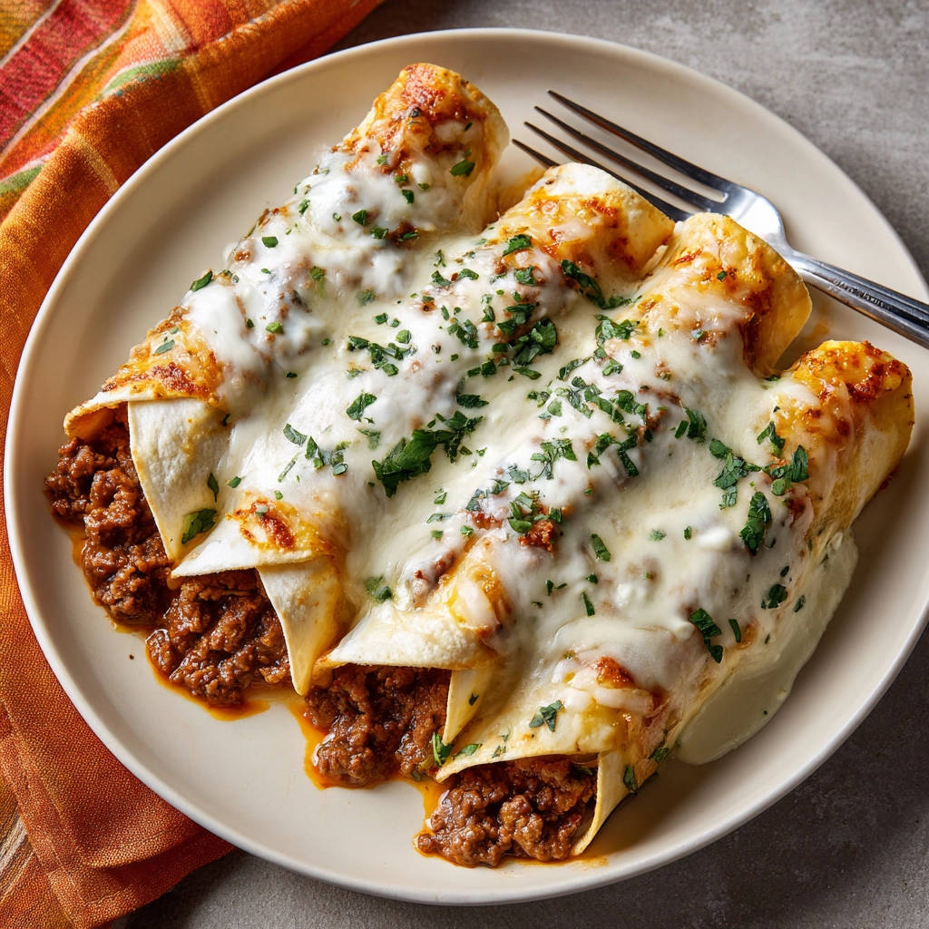 Klassische Rinder-Enchiladas mit geschmolzenem Käse und frischer Petersilie auf einem Teller serviert.