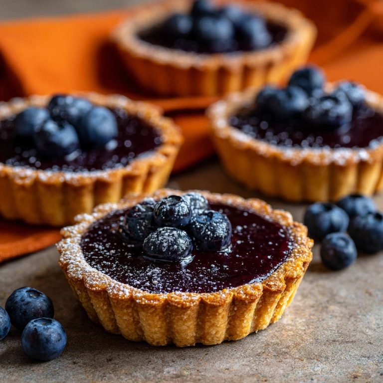 Kleine Blaubeer-Törtchen mit Mürbeteigboden, garniert mit frischen Beeren und Puderzucker, nahaufnahme