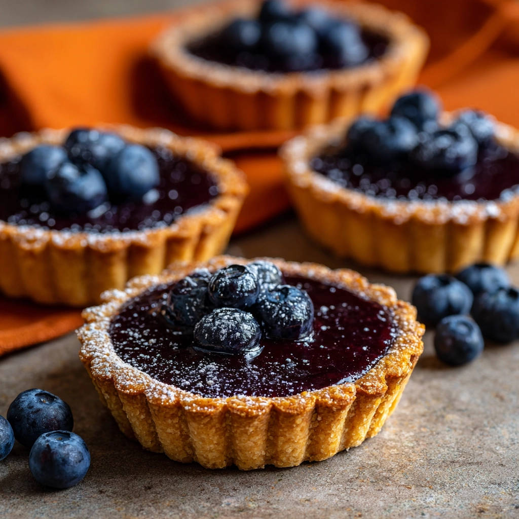 Kleine Blaubeer-Törtchen mit Mürbeteigboden, garniert mit frischen Beeren und Puderzucker, nahaufnahme