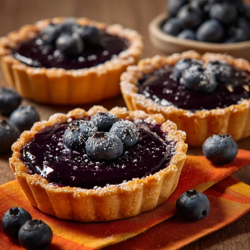 Kleine Blaubeer-Törtchen mit Mürbeteig-Boden und frischen Blaubeeren, Nahaufnahme der Textur