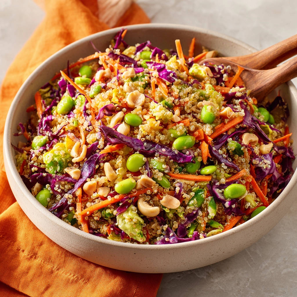 Knackiger Quinoa-Krautsalat mit Edamame und Cashews, eine Nahaufnahme der bunten Zutaten in einer Schüssel.