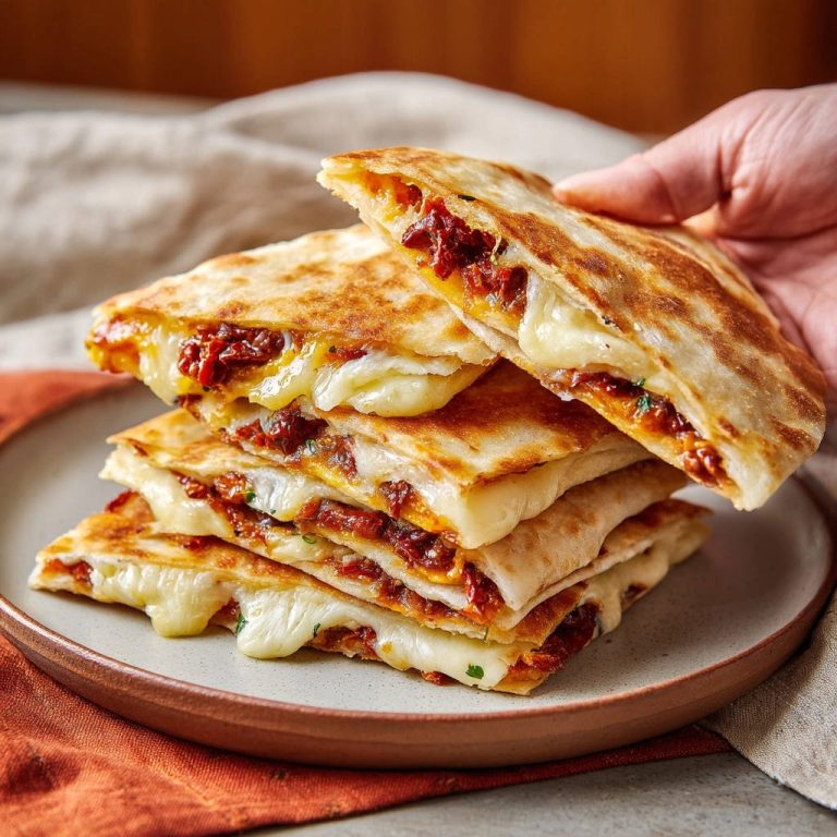 Knusprige Quesadillas mit Käse und Tomaten, angeschnitten und gestapelt, zeigen das geschmolzene Innere.