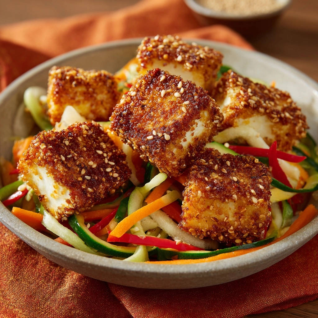 Knuspriger Sesam-Tofu auf Gemüse-Nudeln, detailreiche Nahaufnahme der panierten Tofustücke mit Sesamkörnern.