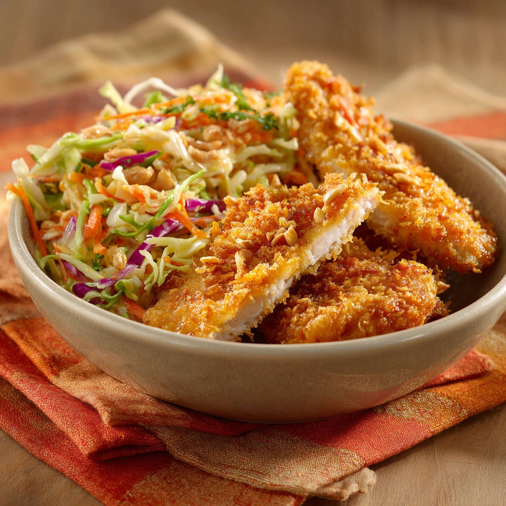 Knuspriges Hähnchen mit Coleslaw, hier im Detail als angeschnittener Querschnitt mit knackigem Coleslaw daneben.