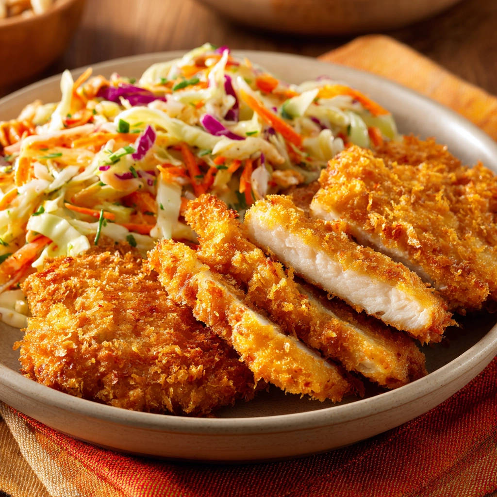 Knuspriges Hähnchen mit Coleslaw, angeschnitten und auf einem Teller mit Salat serviert