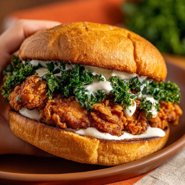 Knuspriges Hähnchen-Sandwich mit Grünkohl, Nahaufnahme des saftigen Hähnchens und des Grünkohls auf einem Brötchen.