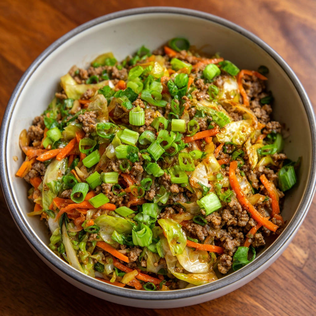 Schnelle Kohl-Pfanne mit Hackfleisch, garniert mit frisch geschnittenem Frühlingslauch für eine appetitliche Präsentation.