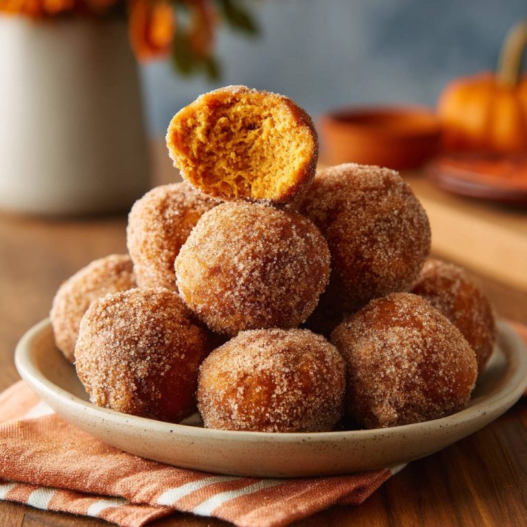 Kürbisbällchen mit Zimtzucker angeschnitten, die das fluffige Innere zeigen, gestapelt auf einem Teller.