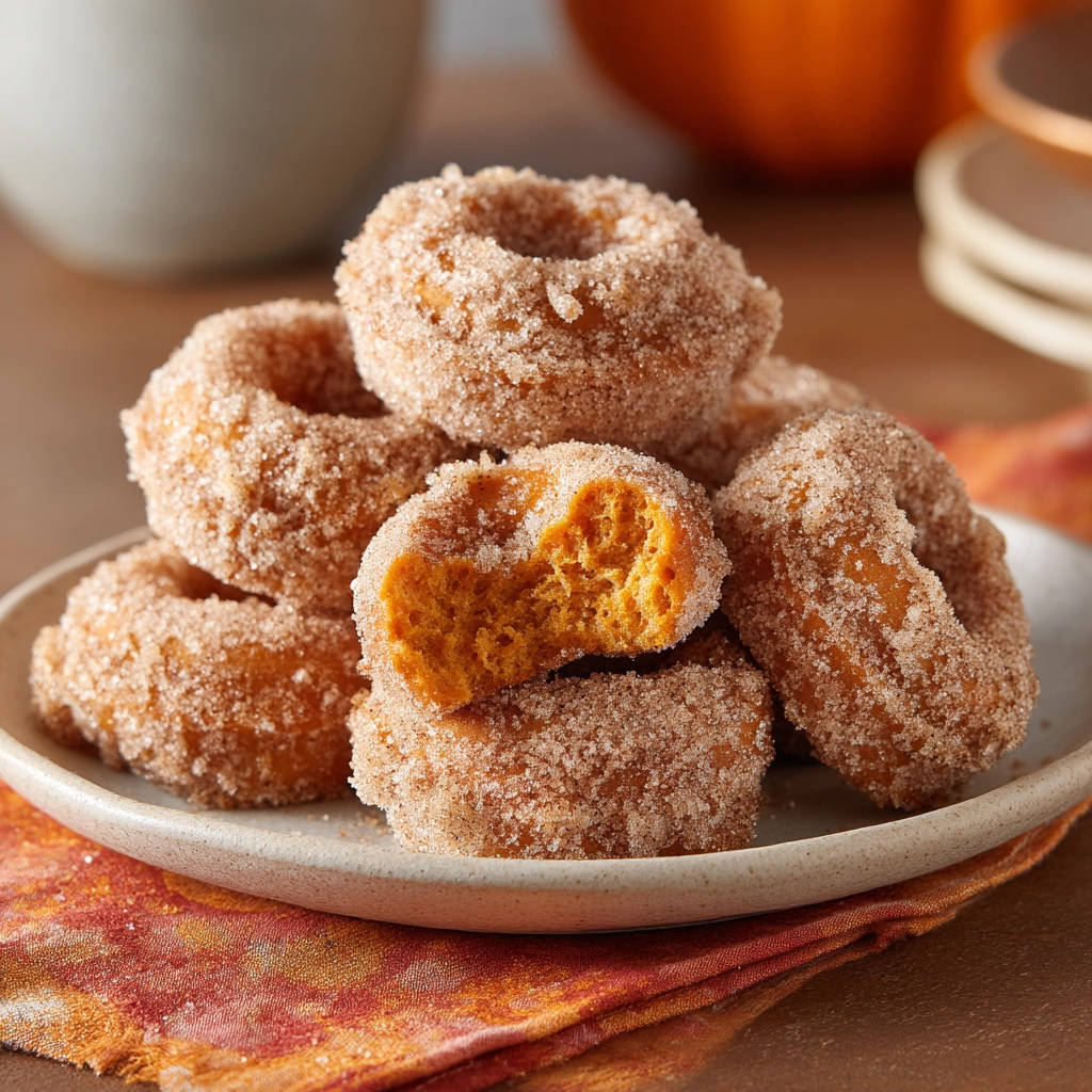 Kürbisbällchen mit Zimtzucker, eine angeschnitten, die das fluffige Innere zeigt