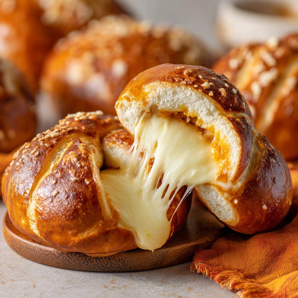 Laugen-Käse-Knoten mit extra zähflüssigem, geschmolzenem Käse, der aus dem angeschnittenen Gebäck läuft.