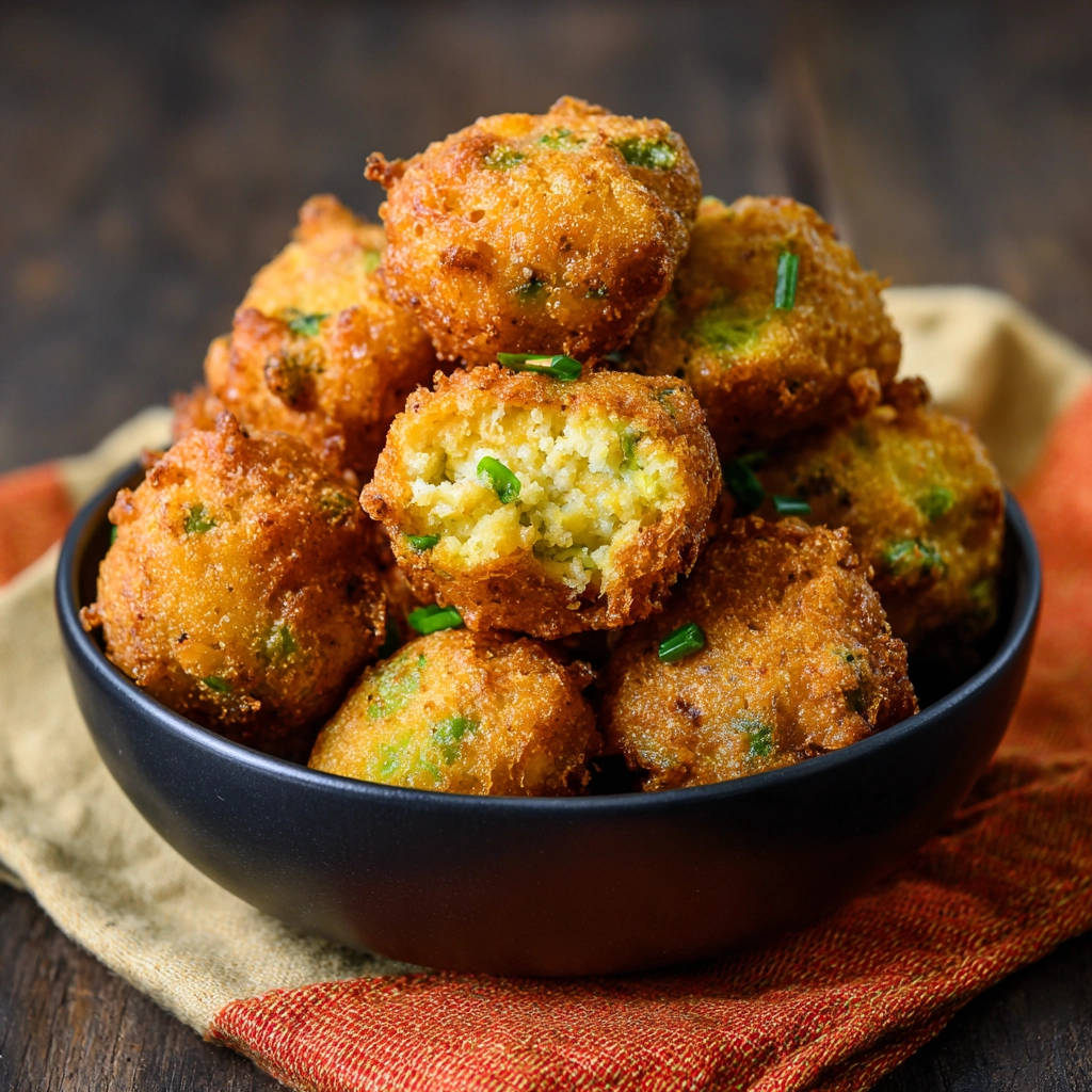 Knusprige Maisbällchen angeschnitten, die innen eine fluffige Textur und grüne Kräuter zeigen.