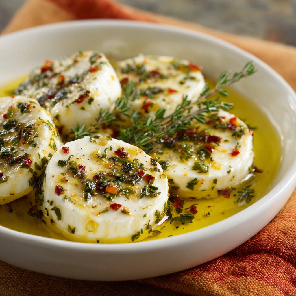 Marinierter Mozzarella mit Kräutern und Chili in Olivenöl, nahaufnahme der marinierten Scheiben.