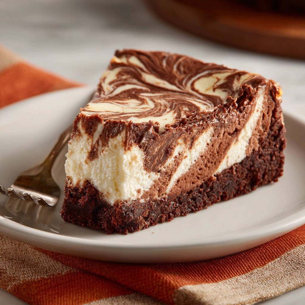 Marmorierter Schokoladen-Käsekuchen, angeschnitten auf einem Teller serviert, zeigt die Schichten von Brownie, Käsekuchen und Schokoladenwirbeln.