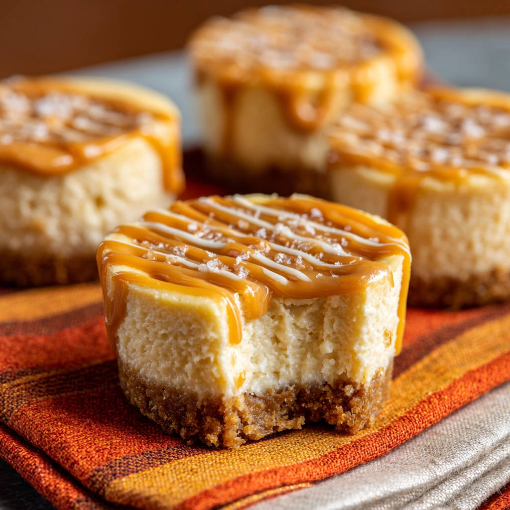 Mini-Cheesecakes mit Karamell angeschnitten, mit einer Gabel und süßer Karamellglasur und Meersalz bestreut.