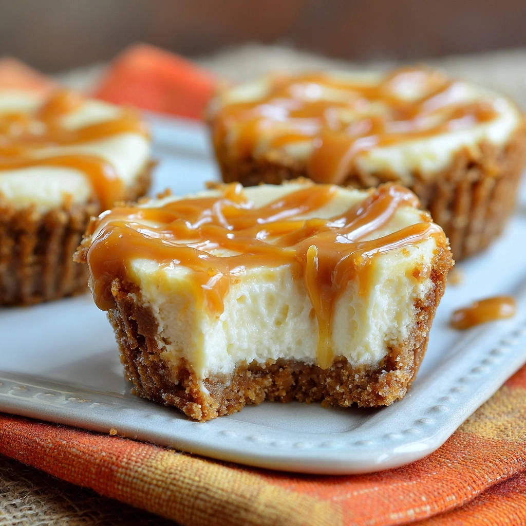Mini-Cheesecakes mit Karamell, angeschnitten und mit Karamellsauce beträufelt auf einem Teller