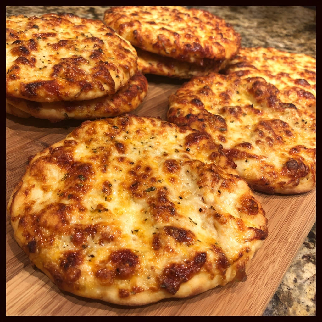 Mini-Flammkuchen-Bites mit einer Nahaufnahme des geschmolzenen Käses und Kräutern auf knusprigem Boden.