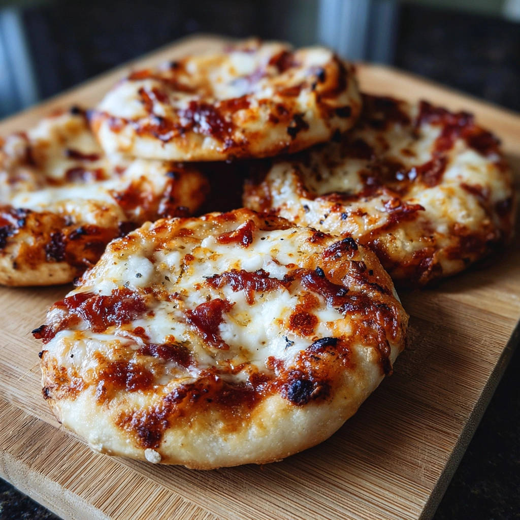 Mini-Flammkuchen-Bites mit knusprigem Boden und geschmolzenem Käse, Nahaufnahme auf Holzbrett