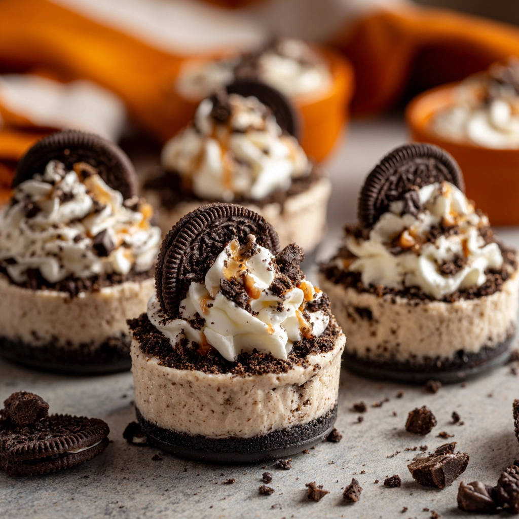 Mini Oreo-Cheesecakes ohne Backen, garniert mit Sahne, Oreos und Karamell, nahaufnahme des Desserts