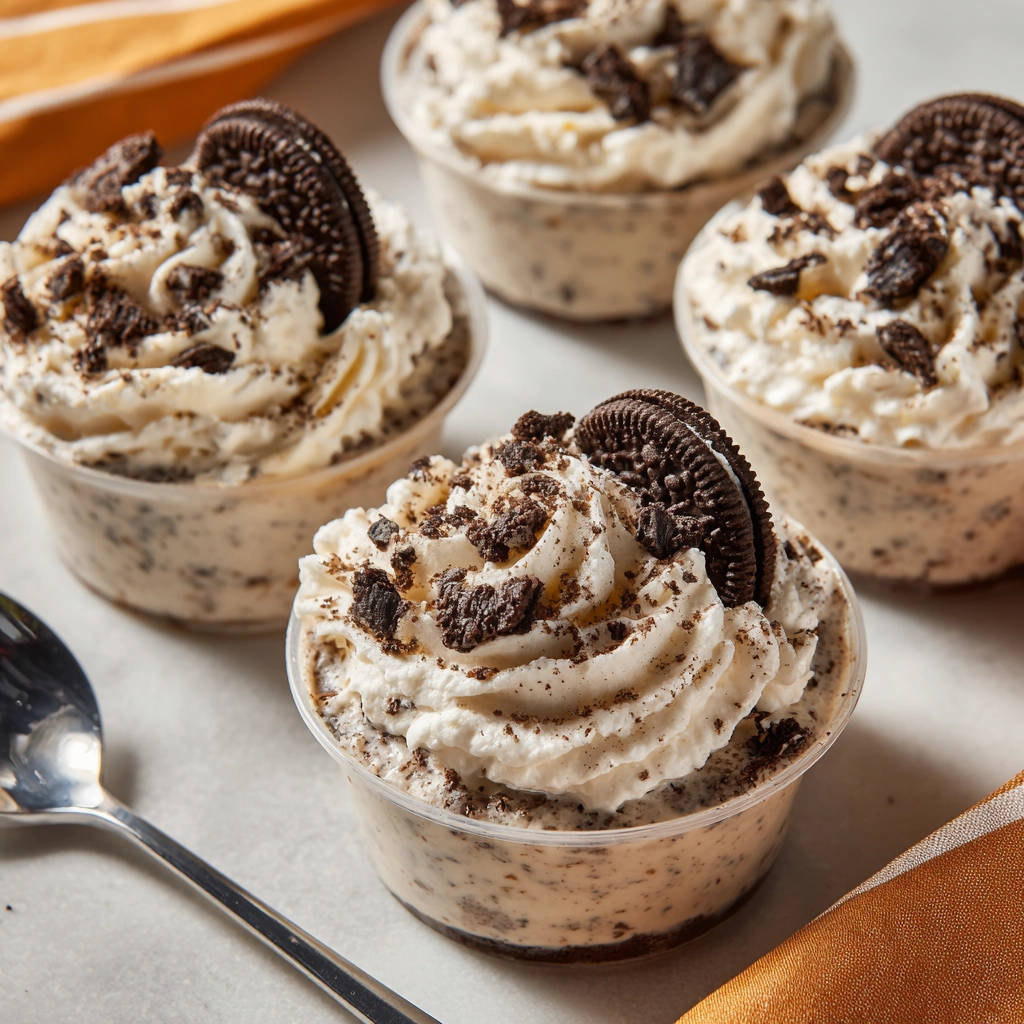 Mini Oreo Cheesecakes garniert mit Keksstücken und einer ganzen Oreo-Keks-Scheibe auf jedem Dessert.