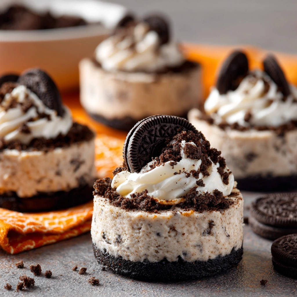 Mini Oreo-Cheesecakes ohne Backen, auf einem Teller mit Oreo-Keksen und Krümeln garniert