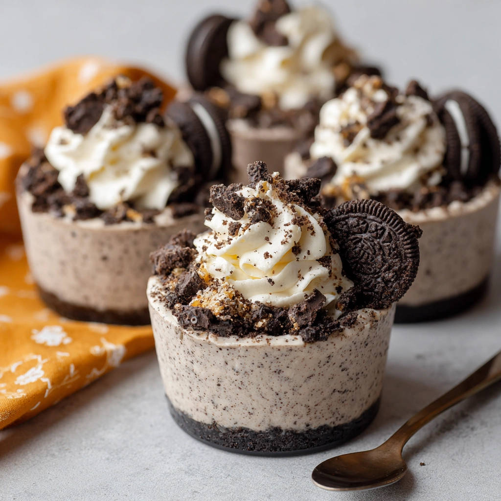 Mini Oreo Cheesecakes mit Sahne und Keksstücken, nahaufnahme von oben mit Fokus auf die Garnitur.