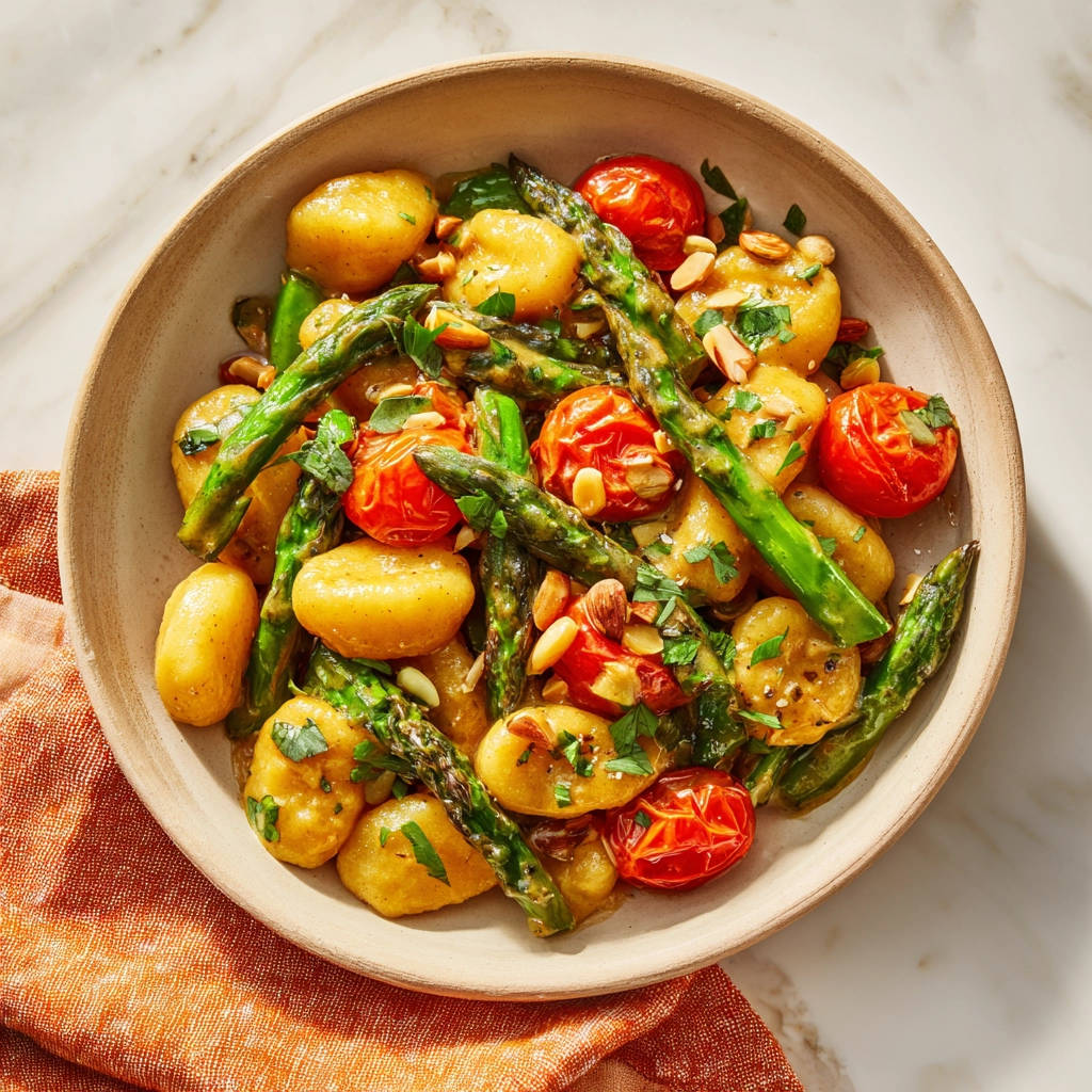Ofen-Gnocchi mit Spargel & Kirschtomaten als Nahaufnahme der servierten Mahlzeit in einer Schüssel, garniert mit Kräutern und Nüssen.