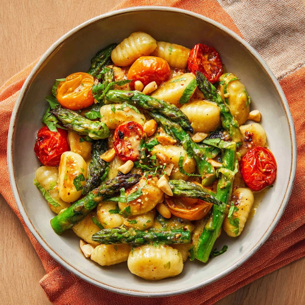 Ofen-Gnocchi mit Spargel & Kirschtomaten, eine Nahaufnahme der knusprigen Gnocchi mit Spargel und Tomaten.