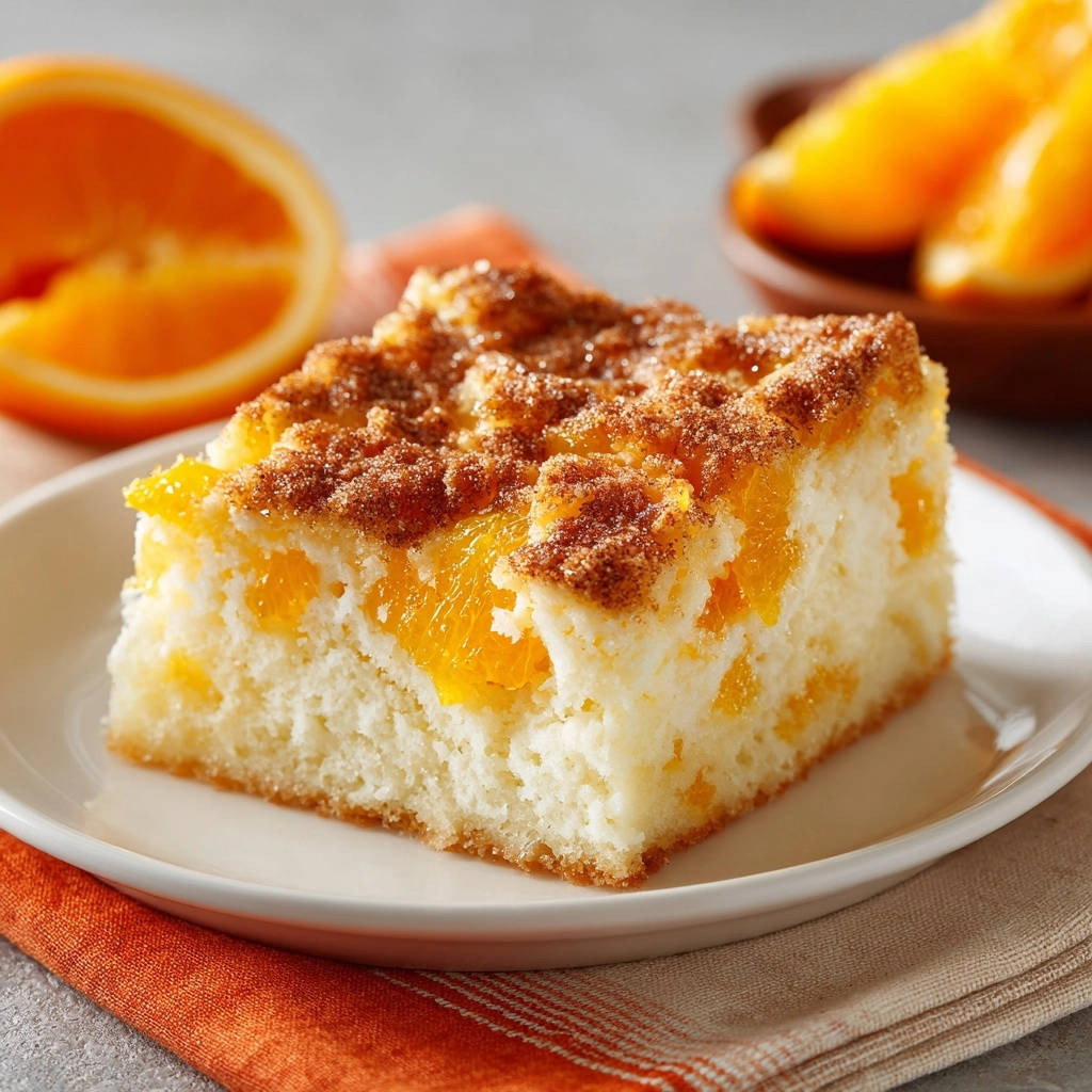 Orangen-Streuselkuchen als Anschnitt auf einem Teller mit Streuseln und saftigen Orangenspalten im Inneren.