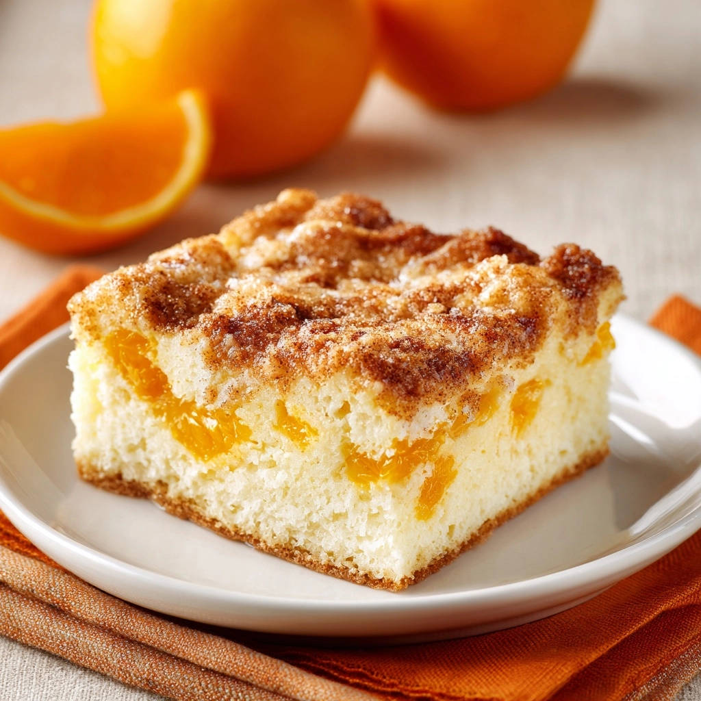 Orangen-Streuselkuchen als angeschnittene Scheibe mit sichtbaren Fruchtstücken und knuspriger Streuselhaube.