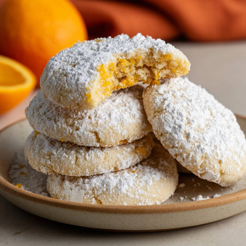 Orangenplätzchen mit Puderzucker, angeschnitten, zeigen das saftige Innere mit orangenfarbenen Stückchen.