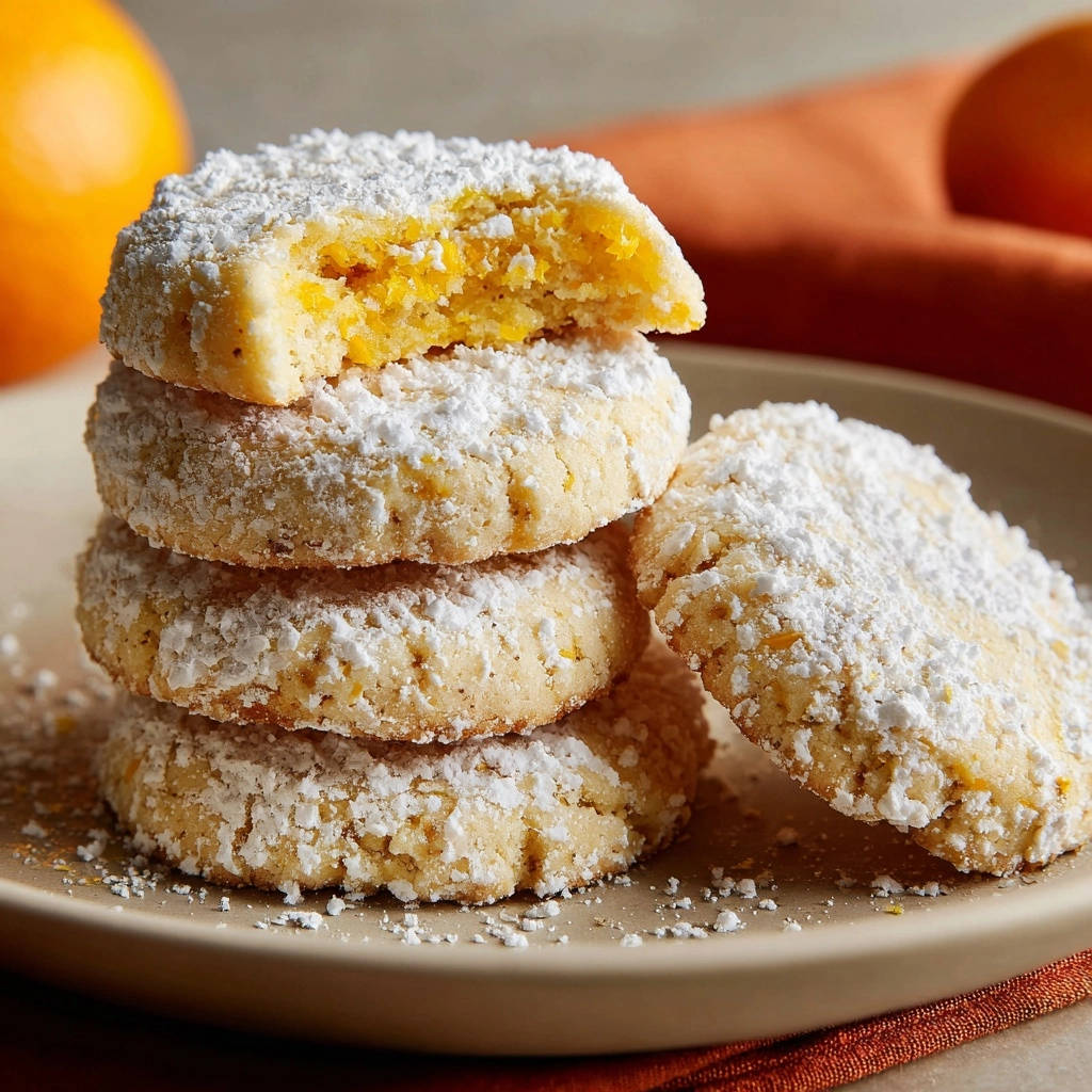 Orangenplätzchen mit Puderzucker, angeschnitten und mit Puderzucker bestreut, zeigen den saftigen orangen Kern.