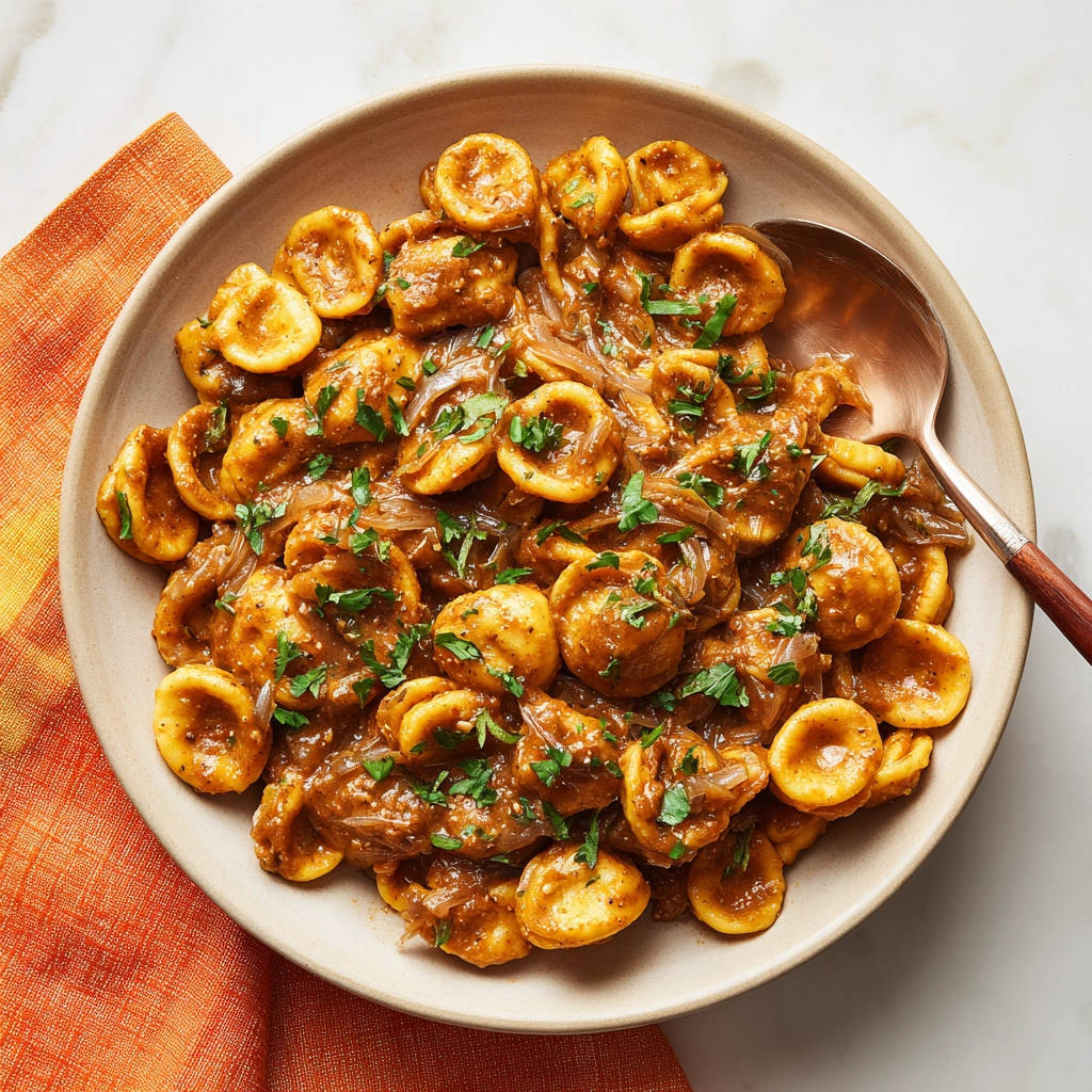 Orecchiette mit Hackfleischsoße, eine Nahaufnahme des Gerichts garniert mit frischer Petersilie.