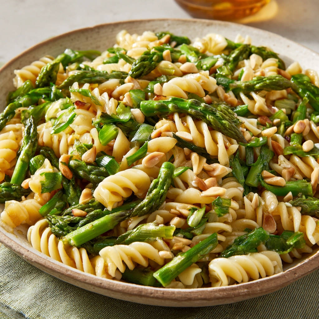 Pasta mit grünem Spargel und Pinienkernen serviert in einer Schüssel, Nahaufnahme der Textur und Zutaten.