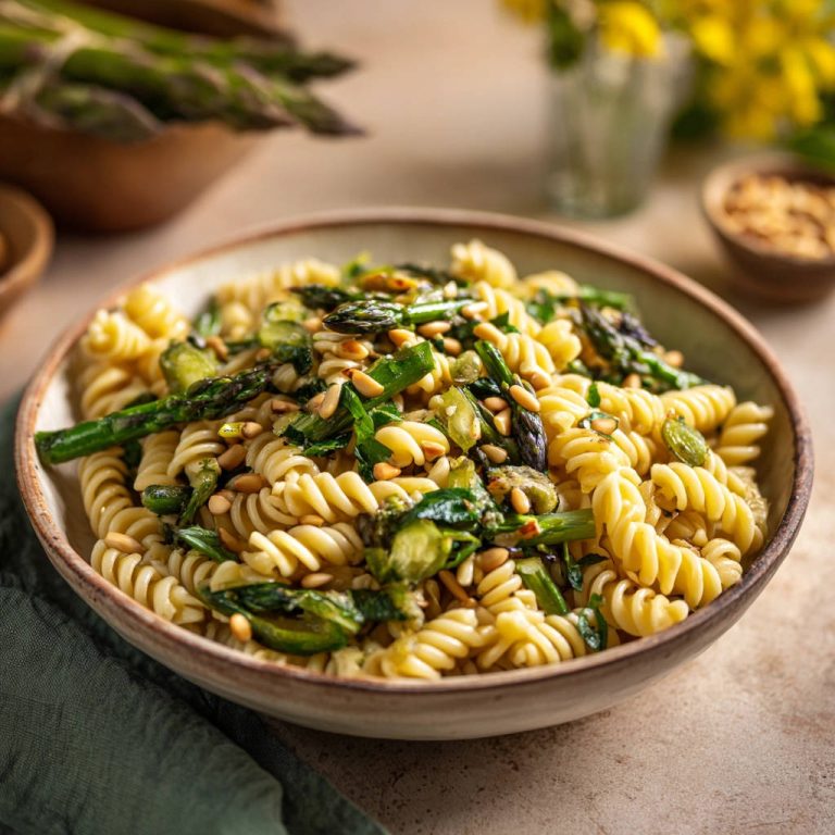 Pasta mit grünem Spargel und Pinienkernen als Nahaufnahme in einer Schüssel, serviert mit frischem Spargel garniert.