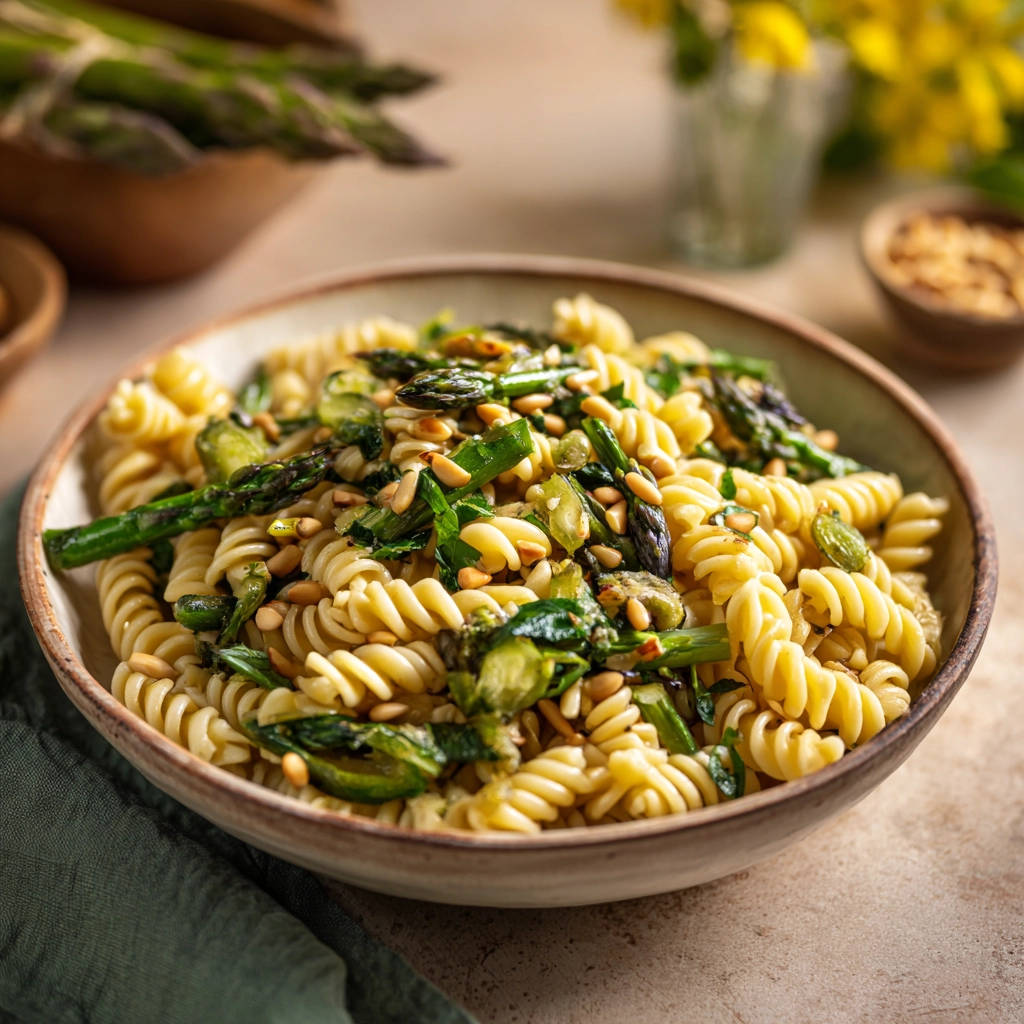Pasta mit grünem Spargel und Pinienkernen als Nahaufnahme in einer Schüssel, serviert mit frischem Spargel garniert.