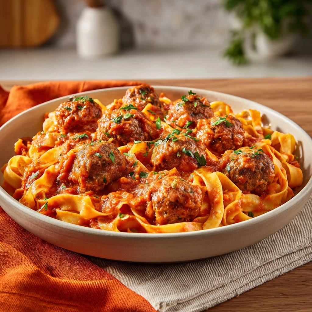 Pasta mit Hackbällchen in Tomatensauce, eine Nahaufnahme der saftigen Hackbällchen und breiten Bandnudeln, garniert mit Petersilie.