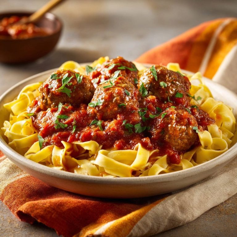 Pasta mit Hackbällchen in Tomatensauce, eine Nahaufnahme des saftigen Gerichts mit frischer Petersilie garniert.