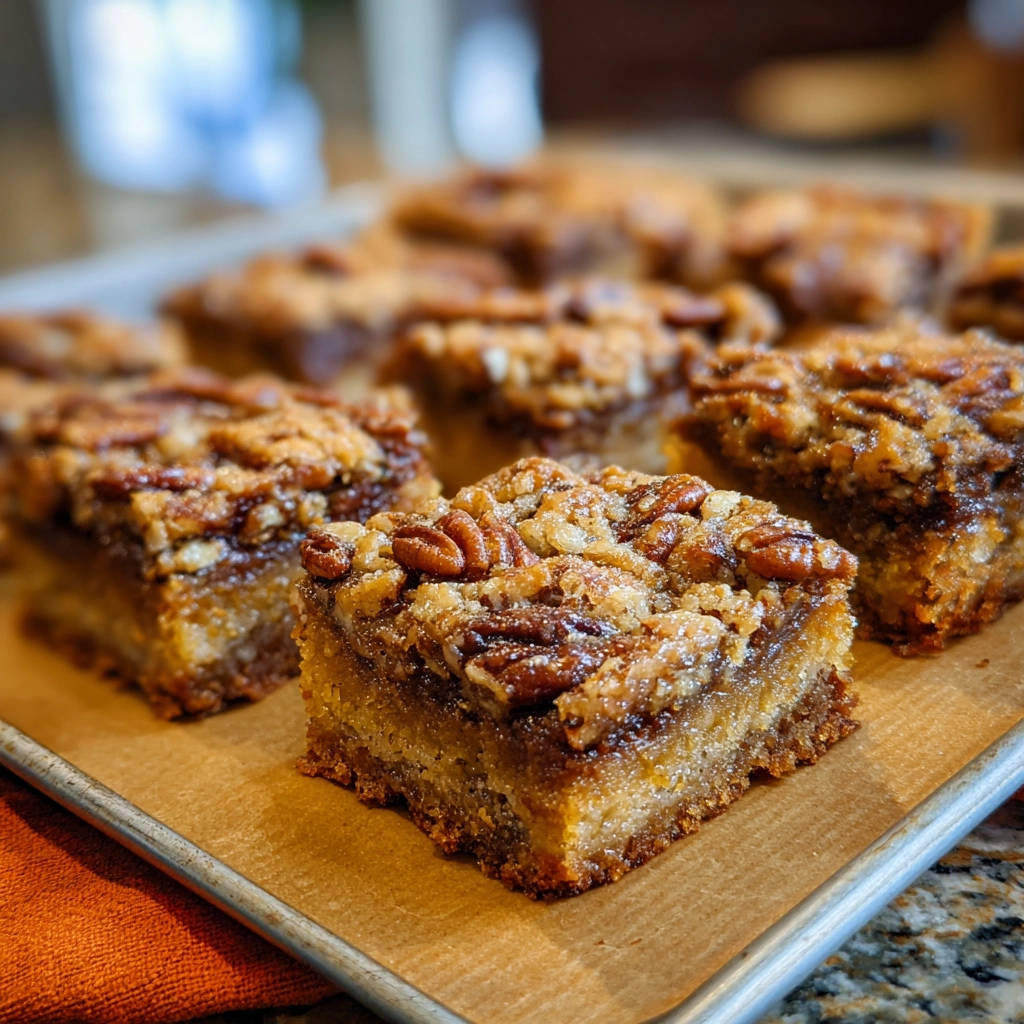 Pecan Pie Riegel mit einem Nahaufnahme-Querschnitt, der die schichtweise Struktur und die Nüsse auf der Oberseite zeigt.