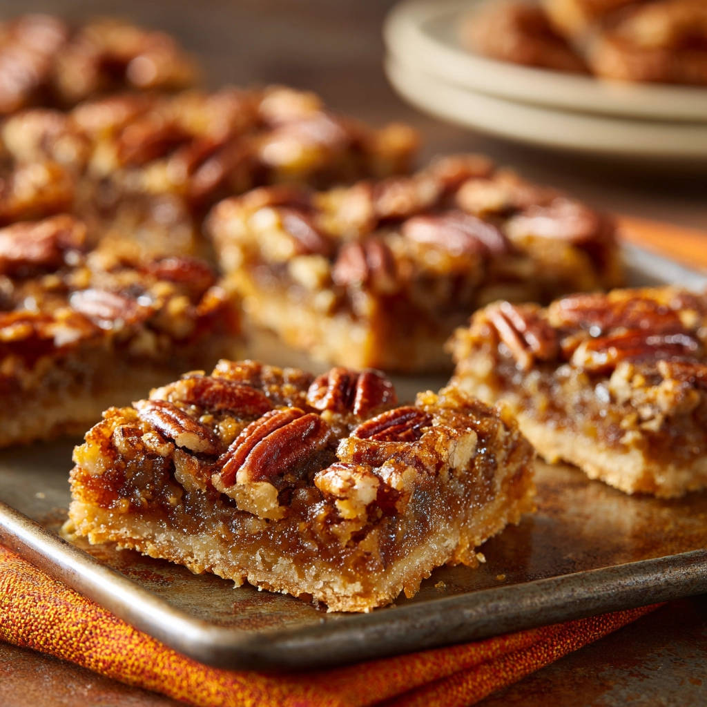 Pecan Pie Riegel, nahaufnahme des geschnittenen Riegels, der eine dicke Füllung und eine goldbraune Kruste zeigt.