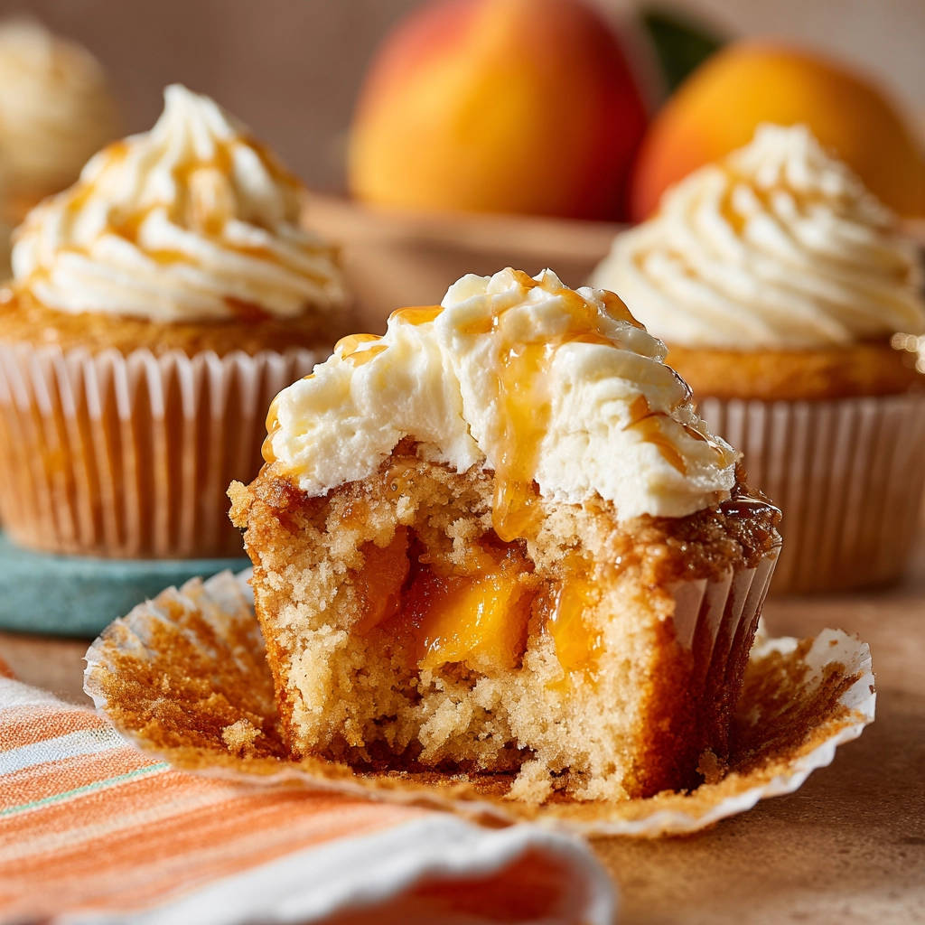Saftige Pfirsich-Cupcakes mit Karamell, angeschnitten und mit cremigem Frosting und karamellfarbenem Sirup garniert.